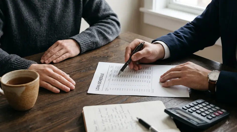 상담 테이블에서 대출 상환표를 펜으로 짚어 가며 설명하는 모습
